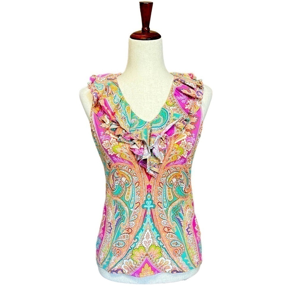 Lauren Ralph Lauren Paisley Ruffle Sleeveless Blouse. Multi Color Size S #1347 - Picture 2 of 6